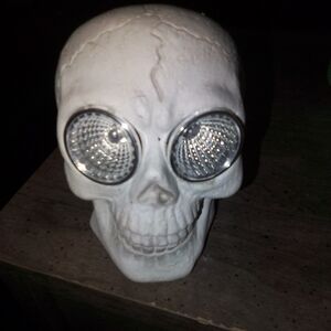 White Skull Art Decor with Solar Powered Lights For Eyes Made From Clay NWOT